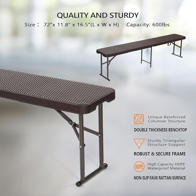 VINGLI 6 feet Plastic Folding Bench,Portable in/Outdoor Picnic Party Camping Dining Seat, Garden Soccer Multipurpose Entertaining Activities, Smooth HDPE Tabletop (1, Brown, 6ft)