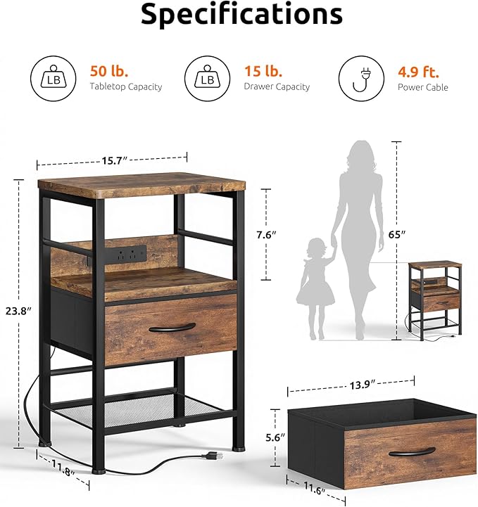 Lazzanto Nightstands Set of 2 with Charging Station, Bedside Tables with Open Shelf & Hooks, End Tables with USB-C USB-A Ports AC Outlets, Night Stand for Bedroom with Fabric Drawer, Rustic Brown