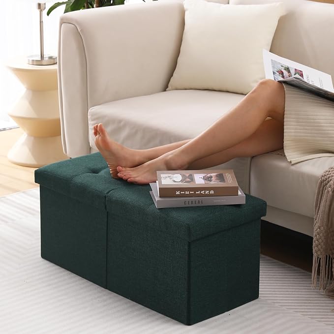 Storage Ottoman Bench Foldable Seat Footrest Shoe Bench End of Bed Storage with Flipping Lid, 75L Storage Space, 30 inches Linen Fabric Emerald, OT026DGN