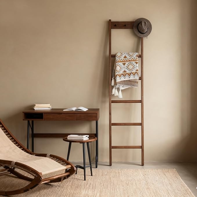 Wooden Blanket Ladder - Natural & Motley Wood - Leaning Wall Decor for Bedroom, Bathroom, Living Room - Rustic Quilt Holder & Towel Rack (Walnut Color + Hook, 76in（5-Tier）)