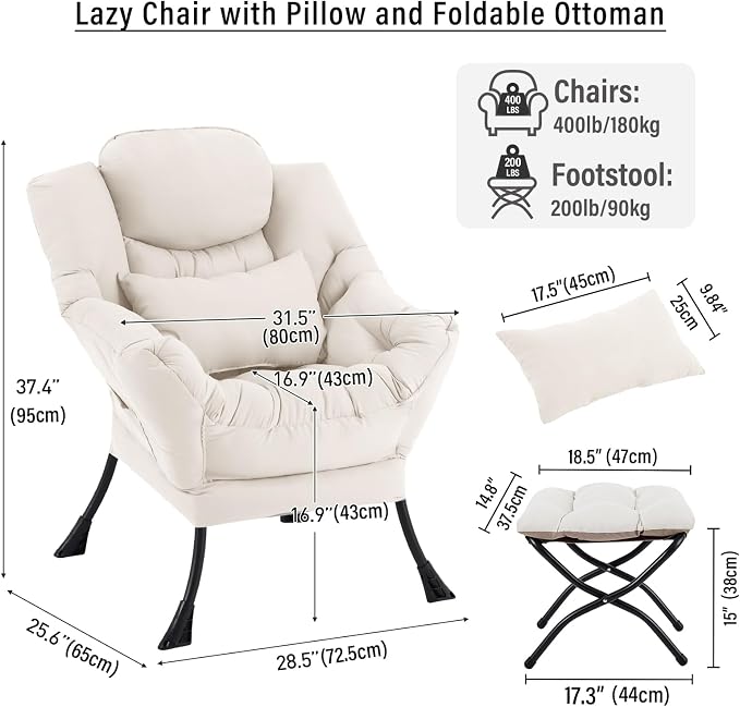 Lazy Chair with Ottoman, Modern Accent Chair with Lumbar Pillow, Beige Sofa, Armchairs with Folding Footrest, Oversized Supportive Chairs for Bedroom, Reading