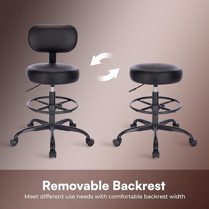 SUPERJARE Drafting Chair with Back, Adjustable Foot Rest Rolling Stool, Multi-Purpose Office Desk Chair, Thick Seat Cushion for Home Bar Kitchen Shop - All Black