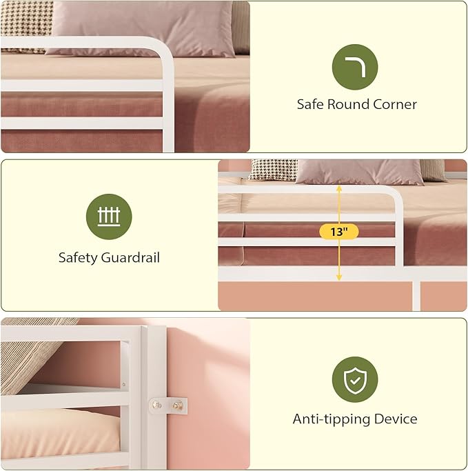UPOSOJA Bunk Bed Twin Over Twin Bed Frame with LED Lights, Metal Bunk Bed with 13" Guardrail & 3-Step Ladder, Space Saving for Kids and Teen, White