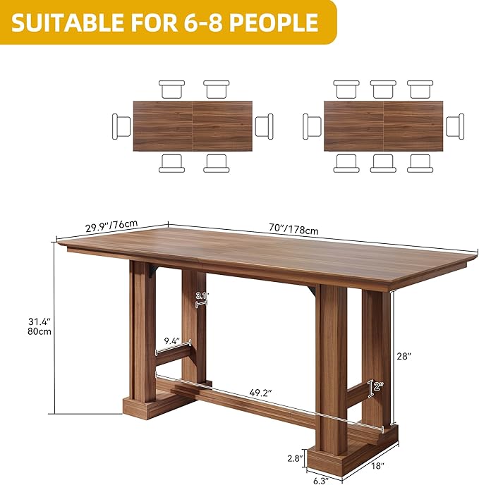 DWVO Farmhouse Dining Table for 6-8 People, 70" Long Kitchen Tables with Wooden Sturdy Legs, Large Rectangular Dinner Table for Kitchen, Dining Room, Living Room, Dark Walnut