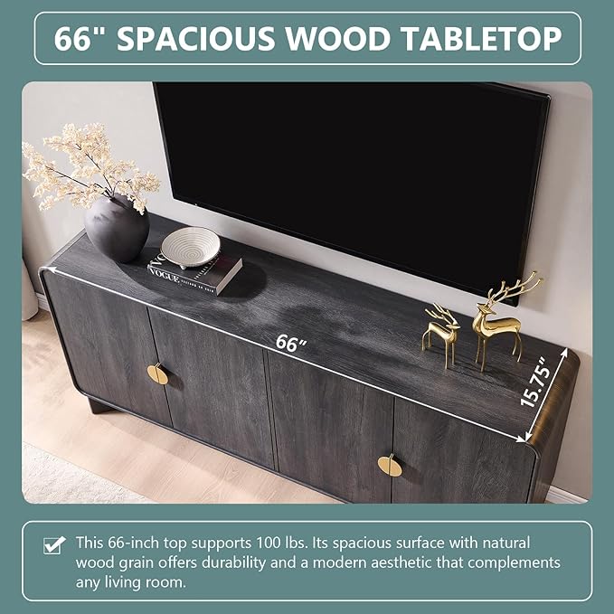 IFGET 70" Modern TV Stand for TVs Up to 80 inches, 30" Tall Entertainment Center with Storage and Adjustable Shelves, TV Console with Curved Profile Design, Media Console for Living Room, Dark Grey
