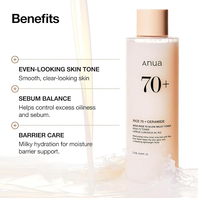 Anua Rice 70 Glow Milky Toner, Glass & Dewy Skin, Hydrating & Barrier Care, Rice Water, Niacinamide, Ceramides, All Skin Types, Fragrance-Free, Non Comedogenic, Korean Skincare, 8.45 fl.oz.