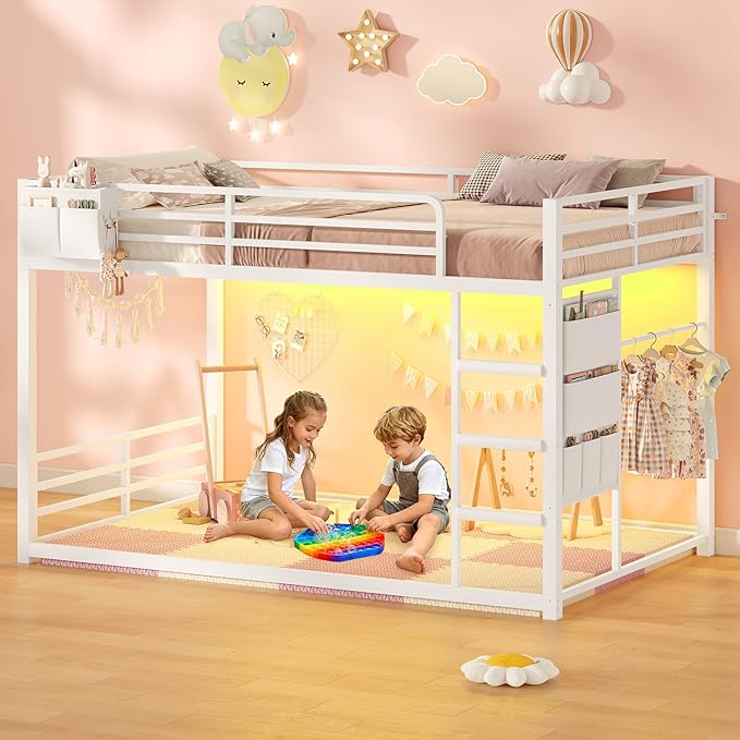 UPOSOJA Bunk Bed Twin Over Twin Bed Frame with LED Lights, Metal Bunk Bed with 13" Guardrail & 3-Step Ladder, Space Saving for Kids and Teen, White