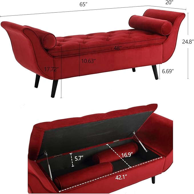 Velvet Storage Bench for Bedroom End of Bed, 65" Upholstered Rolled Armed Button Tufted Stool Bench, Storage Ottoman Long Bench with with 2 Pillows for Entryway (Wine Red)