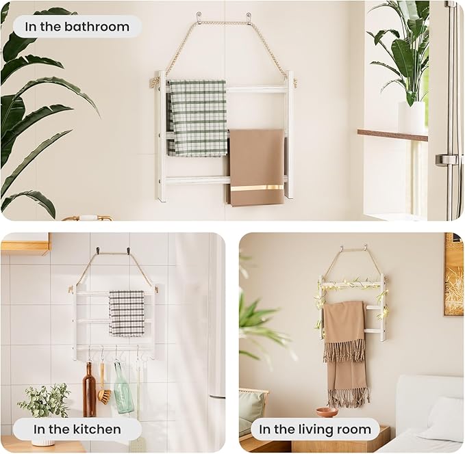 XLHOMO White Blanket Ladder Wall-Mounted, 3 Tier Wooden Rustic Mini Ladder Shelf for Living Room & Bathroom, Holder Display Hanger, Wall Hanging Blanket Rack with Rope for Home Christmas Decor