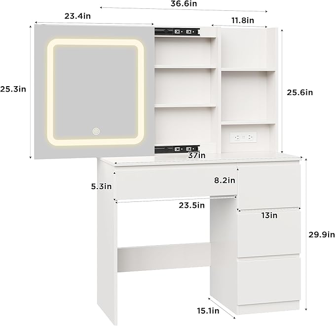 Vabches Make Up Vanity Desk with Charging Station, Vanity Set with Mirror and Stool and Lights,Dressing Table with 4 Drawers & Storage Shelves,37inch, White