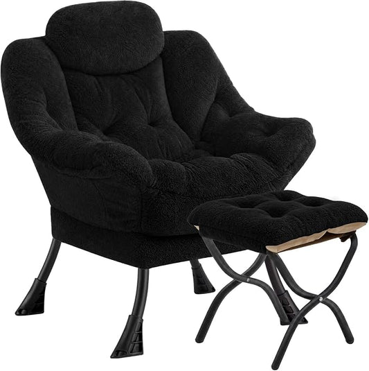 Lazy Chair with Folding Ottoman,Leisure Sofa Chair,Soft Fabric Armchair with Armrests and Side Pockets, Reading Chair with Footrest for Living Room, Bedroom, Office (Plush Black)