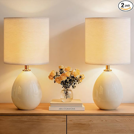 Dawnwake 18.5" Table Lamps Set of 2 for Living Room Bedroom, Bedside Lamps for Night Stands, Desk Nightstand Lamp Dimmable, Modern Linen Cream Ceramic Lamps