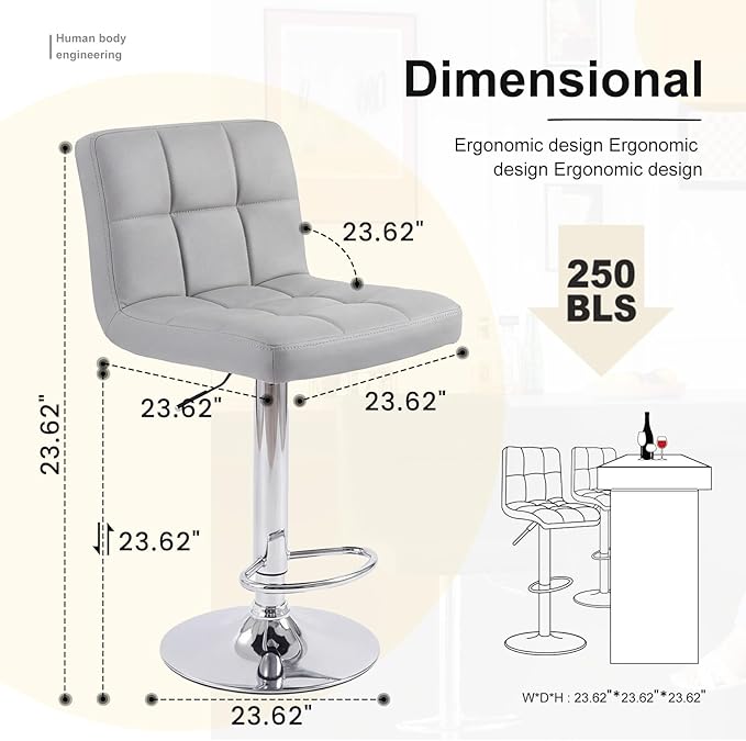 DUMOS Bar Stools Set of 2, 24 inch Counter Height Bar Stools, Upholstered Modern Kitchen Barstools with Metal Base, PU Leather Saddle Stools for Kitchen Island, Grey