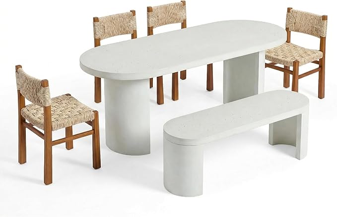 Christopher Knight Home Duro 6-Piece Outdoor Dining Set, Terrazzo Concrete Dining Table and Bench with 4 Acacia Wood Wicker Chairs, Patio Dining Table Set for Garden/Backyard, Light Grey+Teak+White