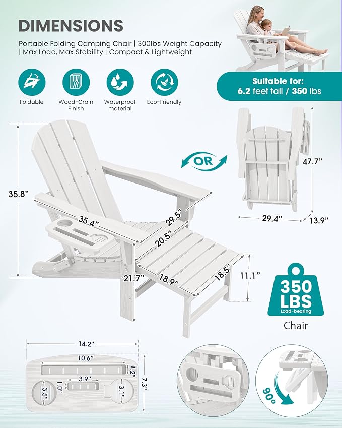 SERWALL Folding Adjustable Adirondack Chairs with Footrest Set of 4, HDPE Outdoor Chair with 4-in-1 Cup Holders, All Weather Adirondack Chair with Ottoman, White
