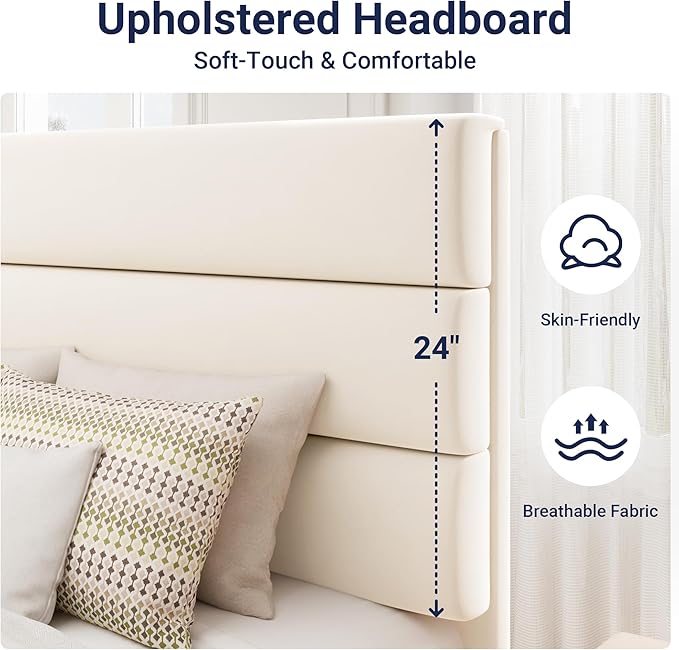 Allewie King Size Platform Bed Frame with Velvet Upholstered Headboard and Wooden Slats Support, Fully Upholstered Mattress Foundation/No Box Spring Needed/Easy Assembly, Cream