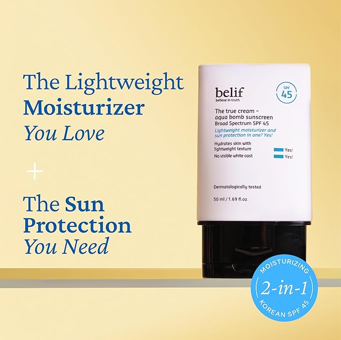 belif Aqua Bomb SPF 45 Hydrating Niacinamide Sunscreen (1.69 fl. oz) - The True Cream PA++++, Daily Broad Spectrum, No White Cast, Weightless & Invisible, Non-Greasy, Korean Skincare