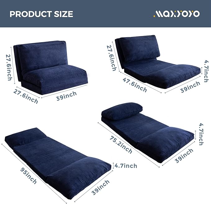 MAXYOYO Folding Sofa Bed, Extra Thick and Long Floor Sofa Convertible Sleeper Chair with Washable Cover, Floor Couch Lounge Bean Bag Bed for Living Room, Navy, 39x95 Inch