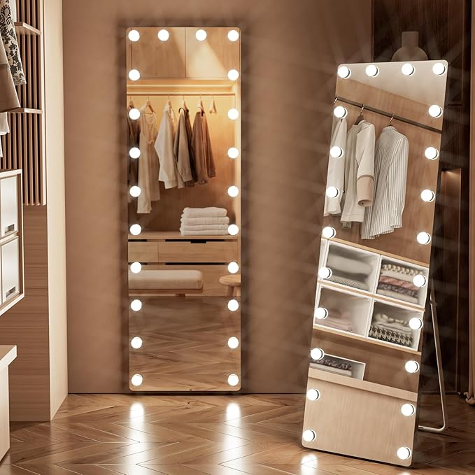 Kosmonia 64x22 Hollywood Full Length Mirror with Light, 22 Dimmable Bulbs & 3 Color Smart Touch Control, Distortion Free, Tempered Glass, Safe Full Body Mirrors with Stand