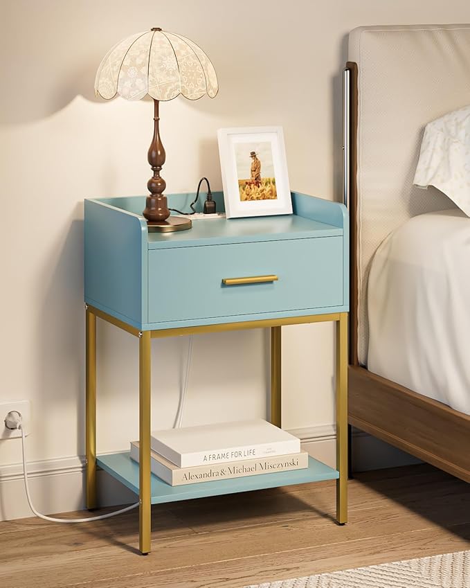 Nightstand with Charging Station,3-Tier Modern Bedside Table Night Stand with Storage Drawer and Open Shelf,Small End Side Table for Bedroom,Living Room,Blue