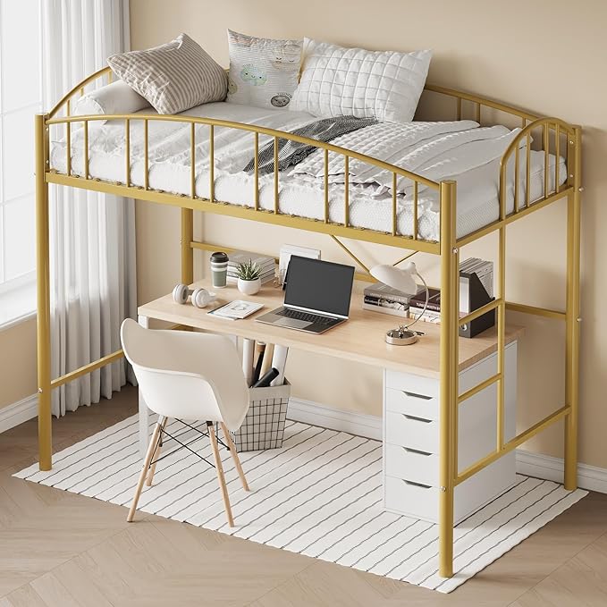 GarveeHome Loft Bed Twin Size, Heavy Duty Metal Loft Bed Frame with Arched Guardrail and Safety Ladder, Space-Saving, No Box Spring Needed, Modern Gold