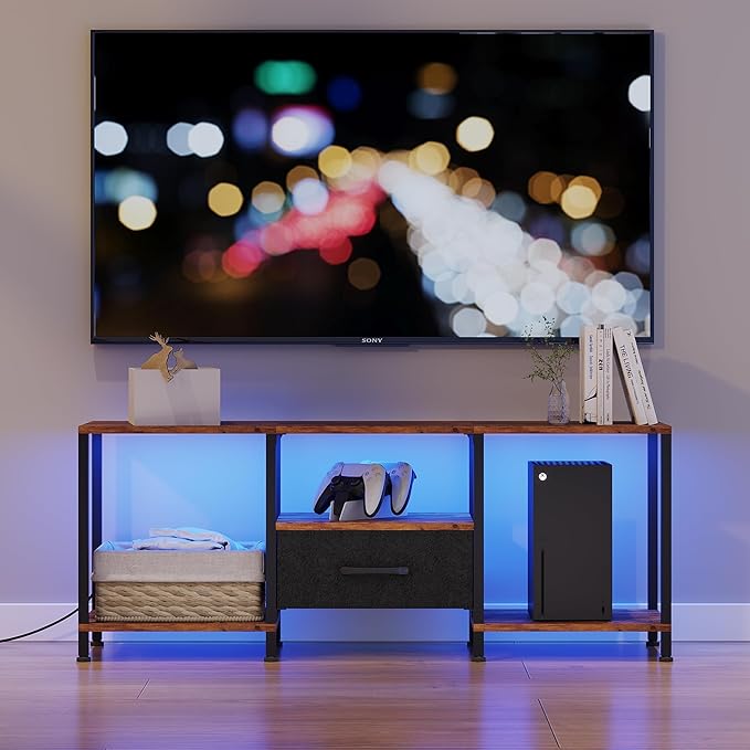 JARHETUN TV Stand with LED Lights, Entertainment Center with Open Shelves and Fabric Drawer, Media Console for 55 Inch TV, Television Stands, Living Room Furniture, Bedroom, Rustic Brown