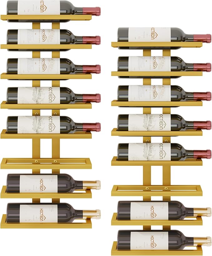 Hoctieon 2-Set 8 Tier Wall Mount Wine Rack (16 Tiers), Wall Racks for Wine Bottles Display and Storage, Hanging Bottle Organizer for Living Room, Dining Room, Wine Cellar, Bar, Gold