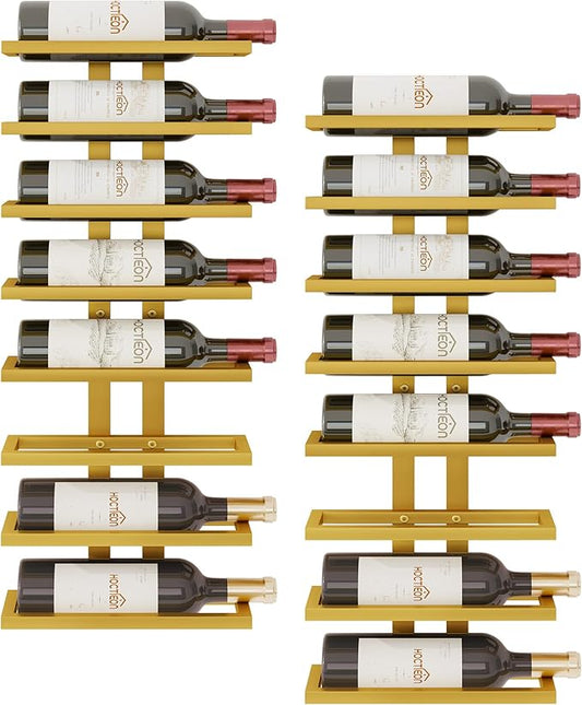 Hoctieon 2-Set 8 Tier Wall Mount Wine Rack (16 Tiers), Wall Racks for Wine Bottles Display and Storage, Hanging Bottle Organizer for Living Room, Dining Room, Wine Cellar, Bar, Gold