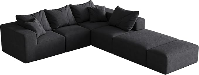 132" Modular Sectional Sleeper Sofa Couch, Modern Cloud Chenille Sectional Couch with Ottoman, Boneless U Shape Couches for Living Room, Free Combination, No Assembly Required, Black