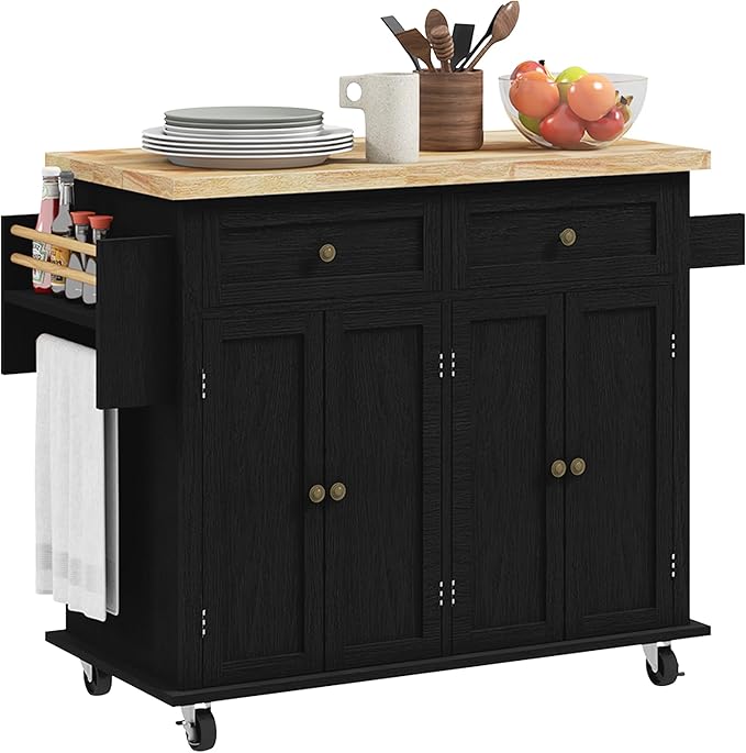 HOMCOM Kitchen Island Cart with Solid Wood Top, 44" Mobile Kitchen Island Table on Wheels with Storage Cabinets, 2 Drawers, Adjustable Shelves, Spice Rack & Towel Bar for Dining Room, Distressed Black