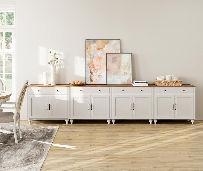 WAMAPT Buffet Cabinet with 8 Doors and 4 Drawers, Large Coffee Bar Table Wood Kitchen Storage Cabinets, Modern Farmhouse Sideboard Credenza for Dining Room, Off White