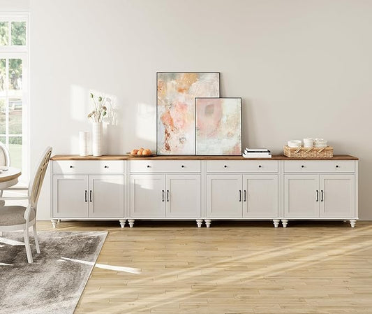 WAMAPT Buffet Cabinet with 8 Doors and 4 Drawers, Large Coffee Bar Table Wood Kitchen Storage Cabinets, Modern Farmhouse Sideboard Credenza for Dining Room, Off White