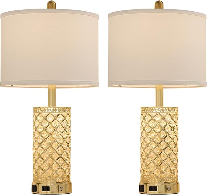 SAIWEYA Crystal Table Lamp Set of 2-24in Gold Bedroom Lamps 3-Way Dimmable Touch Lamp with Night Light, 2 USB Ports + AC Outlet Bedside Night Stand Lamp for Living Room (Gold-2 Pack 24In)
