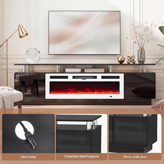 90" TV Stand for Living Room, Large Entertainment Center & Media Console, Fits TVs up to 100", Storage Cabinet with Shelves, 50" Electric Fireplace, Black & White
