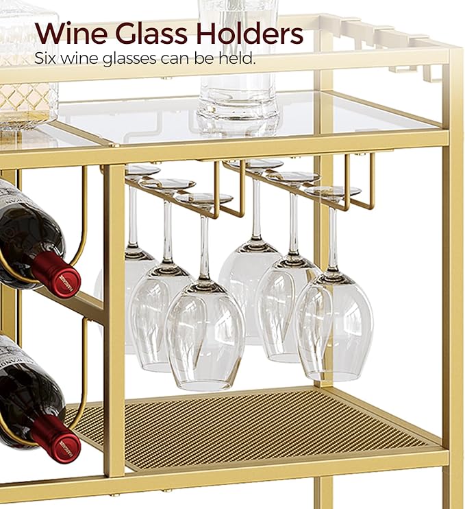 MAHANCRIS Bar Cart for Home, 3-Tier Serving Cart with Wheels and Handle, Beverage Cart with Wine Rack and Glass Holders, Rolling Wine Cart for Kitchen, Dining Room, Gold RCJ61B01