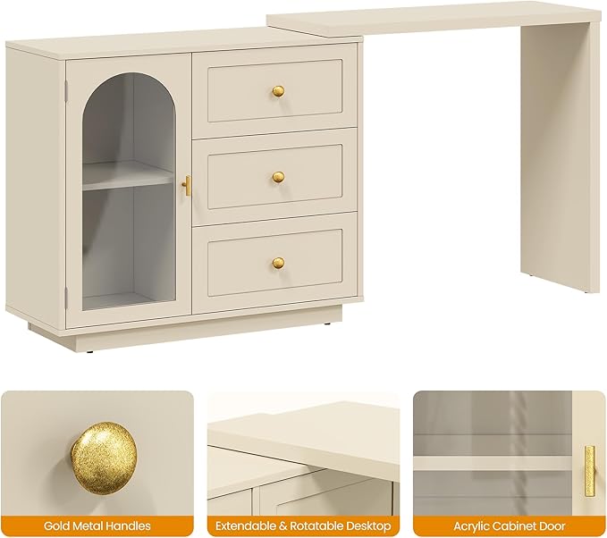 RoyalCraft 59” Large Makeup Vanity Desk, Beige L Shaped Corner Vanity Table with 3 Drawer & 1 Door, Modern Extendable Dressing Table, Vanity Dresser Combo for Bedroom, Dressing Room (Without Mirror)