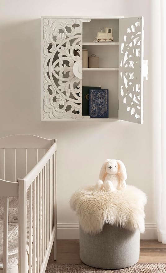 Kate and Laurel Saanvi Traditional Carved Wood Floating Bathroom Wall Cabinet, 22 x 7 x 28, White, Dimensional Over the Toilet Storage Cabinet for Use as Bathroom Storage or Entryway Decor and Display