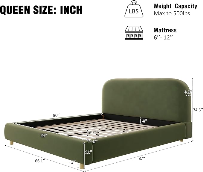 Merax Queen Size Velvet Fabric Upholstered Platform Bed with Curved Shaped Headboard, Wood Bed Frame with Solid Round Legs for Kids Teens Adults, Olive Green