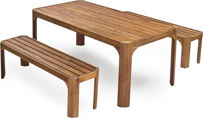 Christopher Knight Home Outdoor Dining Table Set with 2 Benches, 70" Acacia Wood Patio Table and Dual 57" Benches, Teak Finish Slatted Garden Furniture for Backyard Deck Seating 6-8 People