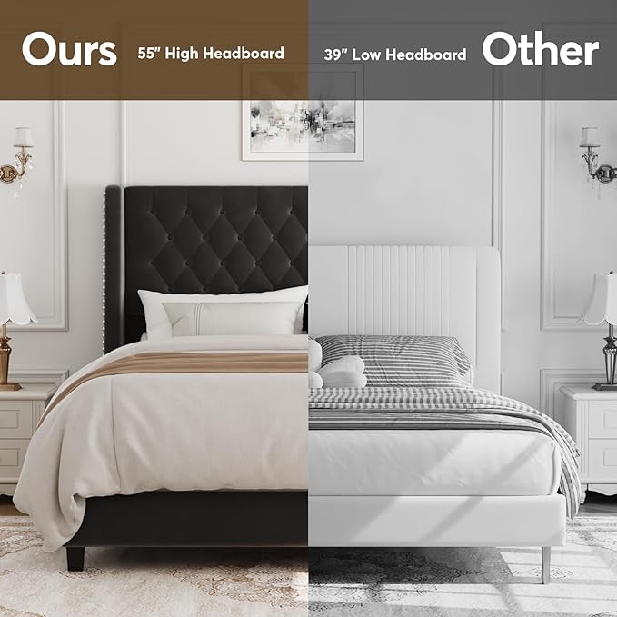 Queen Bed Frame with 55" Tall Headboard, Upholstered Bed Frames, Soft Fabric, Button Tufted Headboard with Windback, Platform Bed, Noise-Free, No Box Spring Needed, Grey