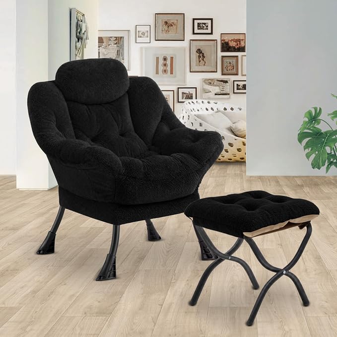 Lazy Chair with Folding Ottoman,Leisure Sofa Chair,Soft Fabric Armchair with Armrests and Side Pockets, Reading Chair with Footrest for Living Room, Bedroom, Office (Plush Black)