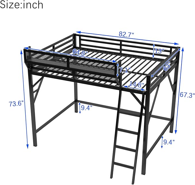 KEIKI Queen Size Metal Loft Bed Frame with Ladder and Built-in Storage Shelves, for Teens, Modern Style Loft Bed with Solid Slats, Guardrail, No Box Spring Required, Easy Assembly, for Bedroom, Black