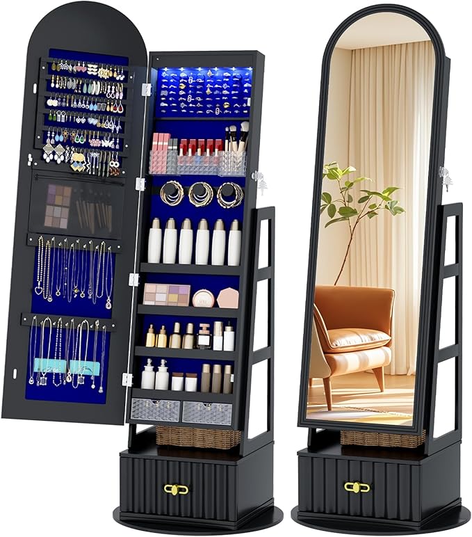 Vlsrka 6 LEDs Mirror Jewelry Cabinet, 360° Swivel Full Length Mirror with Storage, Lockable Jewelry Armoire Cabinet Standing, Large Drawers Jewelry Organizer Mirror, Gift Idea for Women, Black