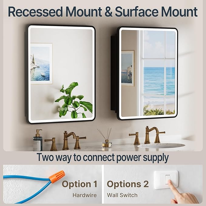 24x30 Inch Medicine Cabinet with Mirror, Recessed or Surface Mount Bathroom Medicine Cabinet with LED Lights, Anti-Fog, Memory Function, Adjustable Shelf, Dimmable Light, ETL Listed, Black,Right Hinge
