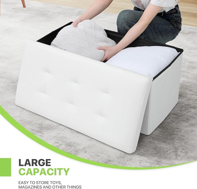 Magshion Folding Storage Ottoman Bench, 15 x 30 x 14.5 Inches PU Leather Ottoman Foot Rest, End of Bed Bench, 90L Storage Chest for Bedroom, Living Room, Entryway, Hallway, White