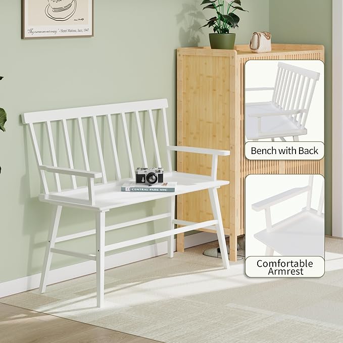 Bamboo Dining Bench, Entryway Bench with Spindle Back Farmhouse Wood Windsor for Foyer Balcony Living Room (White)