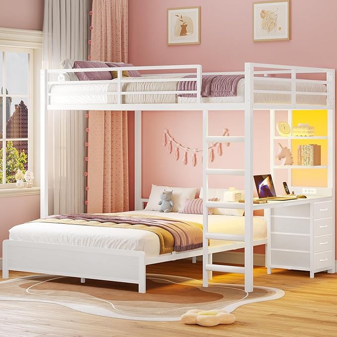 ADORNEVE Bunk Bed with Desk, Full Over Full Bunk Beds with Charging Station & Led Lights, 4 Storage Drawers & 2 Open Storage Shelves, Metal Loft Bed with Safety Guardrail & Ladder for Kids/Teen, White