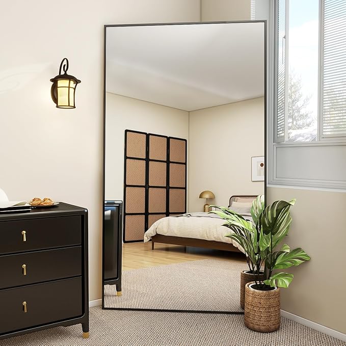 VooBang Oversized Full Length Mirror, 86" x 40" Floor Mirror with Stand, Aluminum Alloy Frame Full Body Mirror, Standing Hanging or Leaning Against Wall Bedroom Living Room, Black