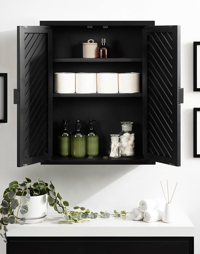 Kate and Laurel Mezzeta Decorative Modern Two-Door Floating Bathroom Cabinet; 22 x 7 x 28; Black; Decorative Over Toilet Storage Cabinet Made from Solid Mango Wood with Slatted Chevron Design
