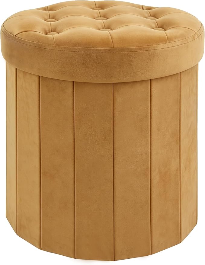 CAROLMADE Round Storage Ottoman,Velvet Folding Footrest Stool with Thicker Foam Padded Seat,Versatile Vanity Stool for Living Room,Bedroom or Dorm,Orange